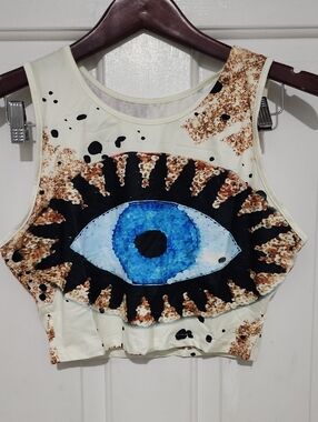 Women's Cream Crop Tank Top with Blue Eye Graphic